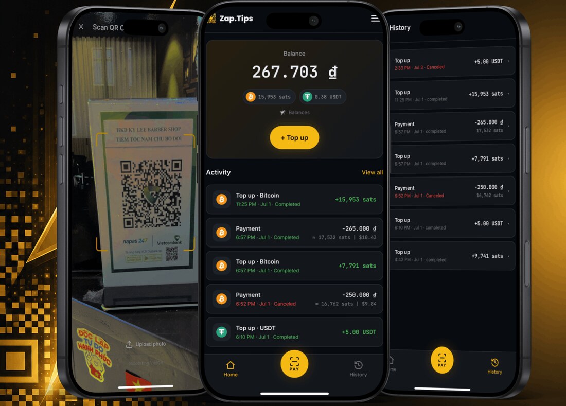Zap.Tips wallet: scan a VietQR, your balance, and payment history